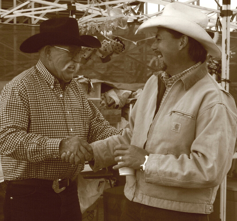 Old friends, Cowboys, old friends, rancher, white hat-black hat; Colorado rodeo